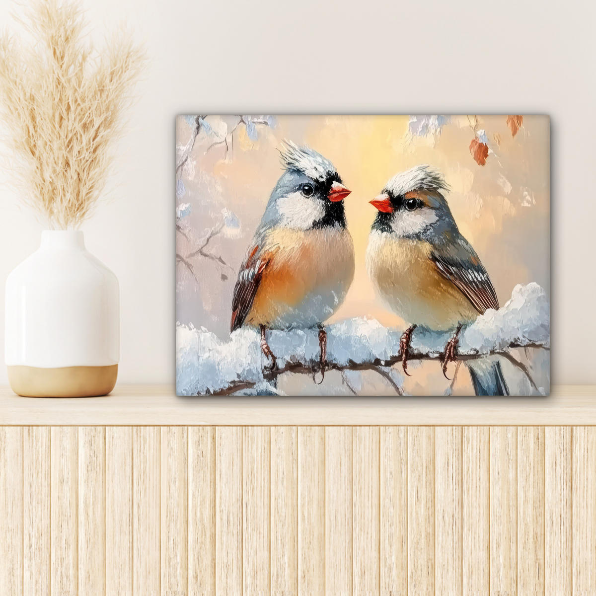 LEINWANDBILD Vögel - Zweig - Winter - Schnee 40x30 cm - Pastellblau, Textil (40/30cm) - MuchoWow
