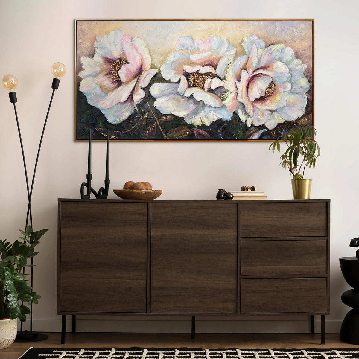 GEMÄLDE Pfingstrosen Schattenfugenrahmen Schwarz-Gold 140x70 cm - Schwarz Hochglanz, Holz (140/70cm) - YS-art gallery