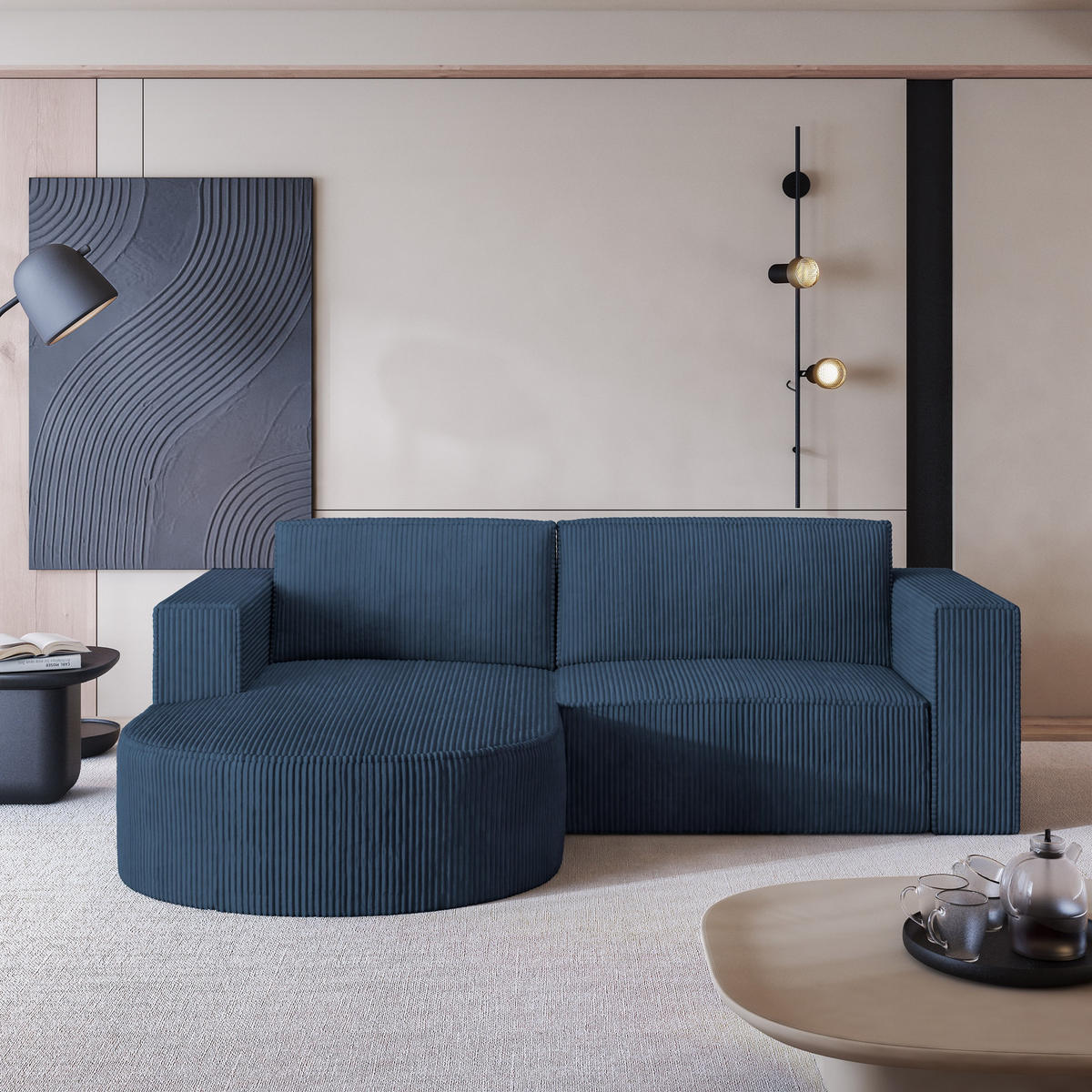 ECKSOFA SORELA P L-S Blau Kordstoff mit Schlaffunktion - Blau, Holz (263/174cm) - MASSENO