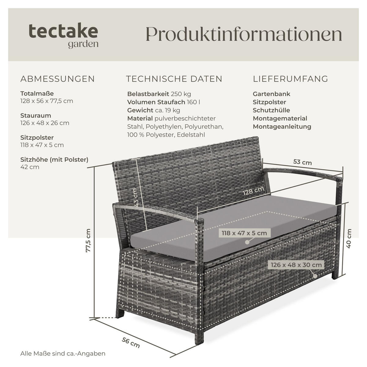 RATTAN-GARTENBANK Vecchia, 128 x 56 x 77,5 cm, inklusive Schutzhülle, grau - Grau, Kunststoff (128/77.5/56cm) - tectake