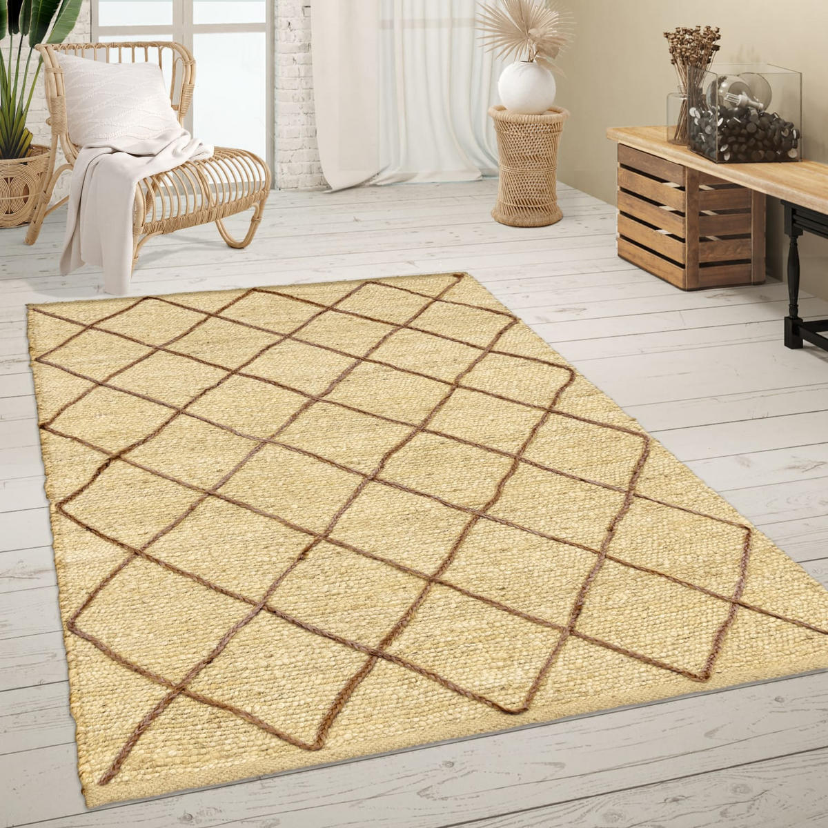 JUTETEPPICH handgewebt wendbar, mit Rautenmuster, Creme, 120 x 170 cm - Beige, Textil (120/170cm) - KADIMA DESIGN