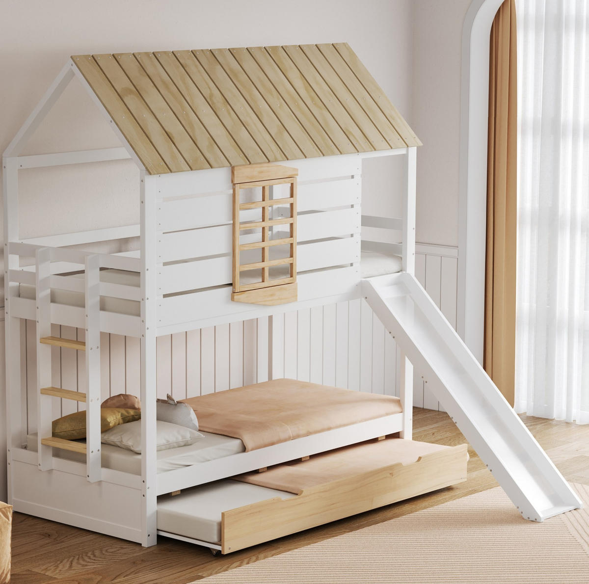 ETAGENBETT aus Kiefer und MDF 90x200 cm Weiß/Natur mit Rutsche, Ausziehbett und Hausdach - Weiß, Holzwerkstoff (90/200cm) - Modfu
