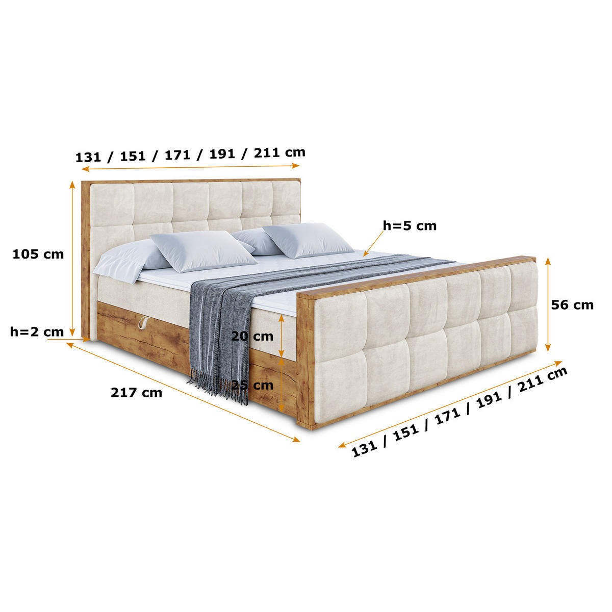 BOXBETT mit Matratze H3 und Lattenrost - LOLLI7-Z - 200x200 - Beige Casablanca - Beige, Holzwerkstoff (200/200cm) - ALTDECOR