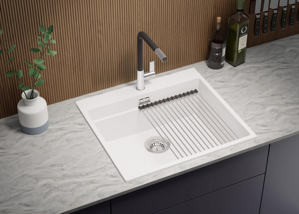 GRANITSPÜLE Oslo, 4-er set Weiß 58/53 cm, 1 Becken + Küchenarmatur 38/14 cm + Ablauf-Set + Aufrollbare Abtropffläche ab 60er Unterschrank - Chromfarben/Weiß, Kunststoff (58/20/53cm) - Primagran