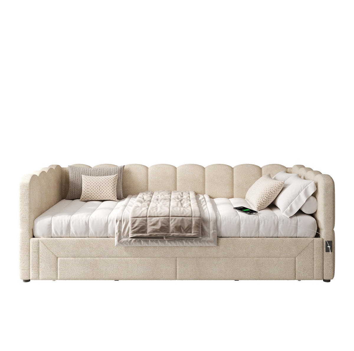 POLSTERBETT aus Chenille 90x200 cm in Beige mit Ausziehfunktion & USB - Beige, Textil (90/200cm) - Modfu