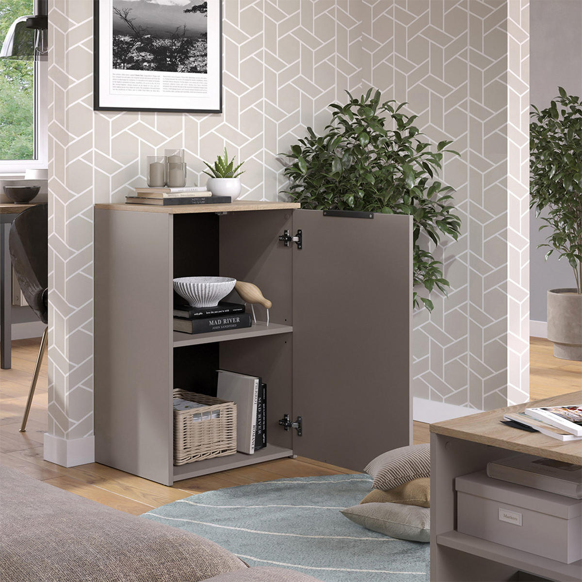 KOMMODE Wido Greige 50 x 80 cm mit Regal - Greige/Sonoma Eiche, Holzwerkstoff (50/80/40cm) - Vicco