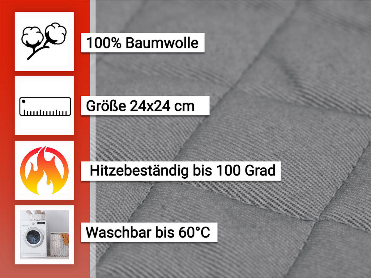 TOPFLAPPEN, 2er-Set, 24x24 cm, 100% Baumwolle, Grau - Grau, Textil (24/24cm) - Zollner