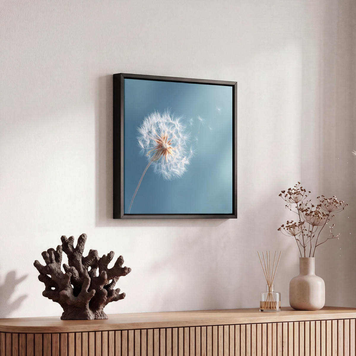 LEINWAND Bilder mit Rahmen - Löwenzahn - Wind - Blau - 20x20 - Blaugrau, Textil (20/20cm) - MuchoWow