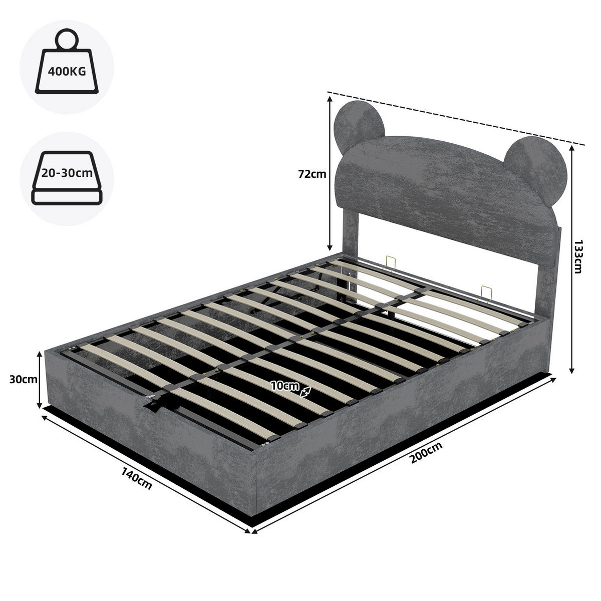 KINDERBETT 140/200 cm mit hydraulischem Bettkasten, cartoonförmigem Kopfteil aus Stoff, Metall und MDF, Grau - Grau, Textil (140/200cm) - Redom