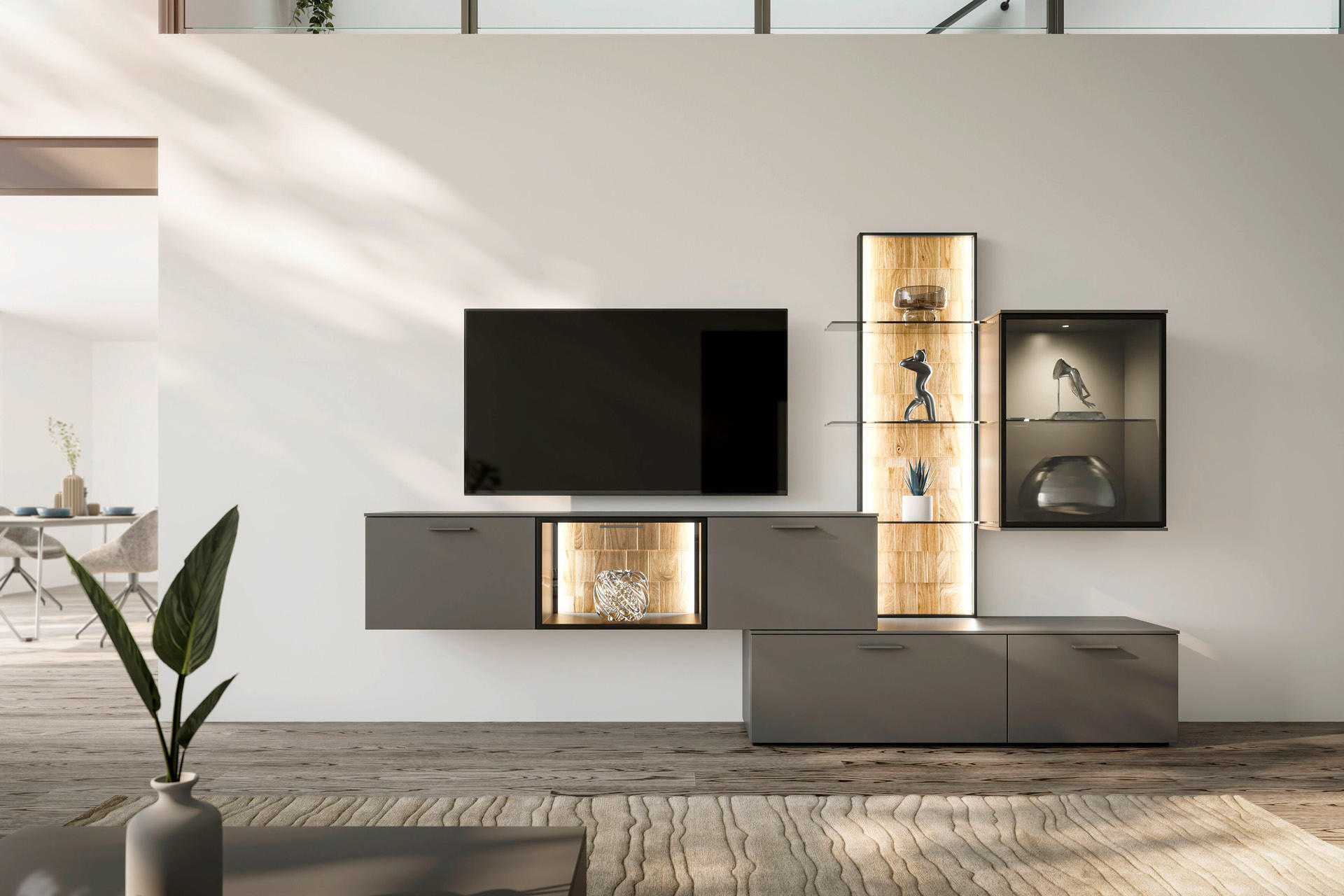 moderan sivi regal s integriranom led rasvjetom
