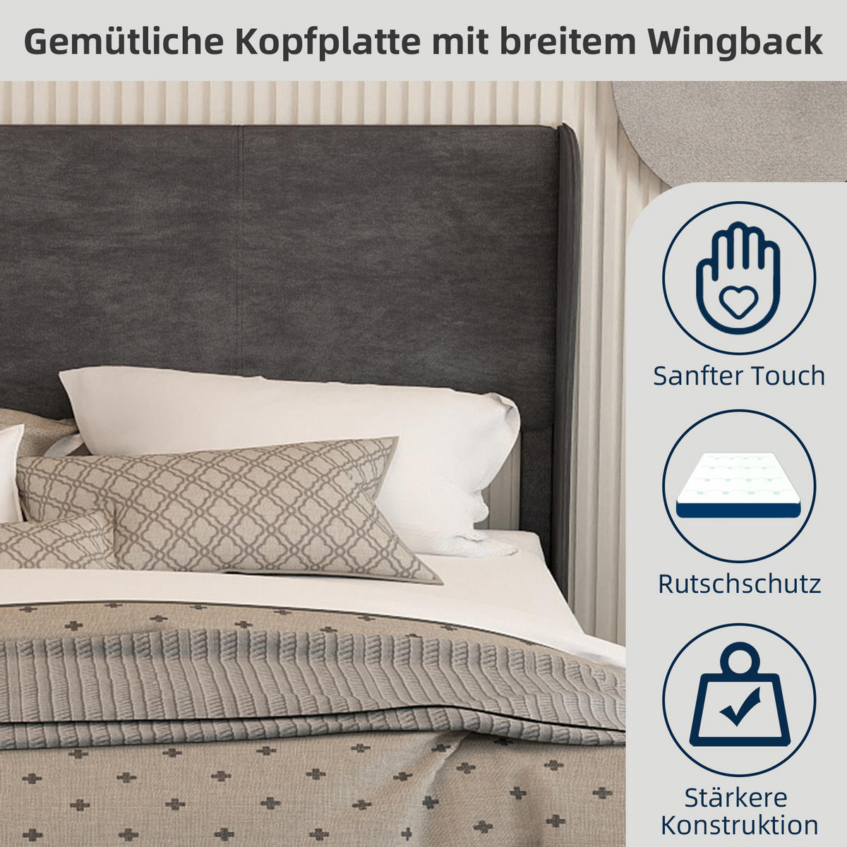 POLSTERBETT 160/200 cm in Grau Samt mit Gepolstertem Kopfteil - Grau, Holzwerkstoff/Textil (160/200cm) - WISHDOR