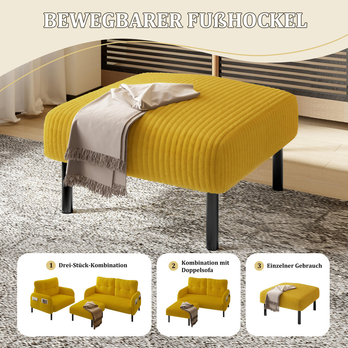 HOCKER Cord Gelb - Gelb, Textil/Metall (56/39/51cm) - WISHDOR