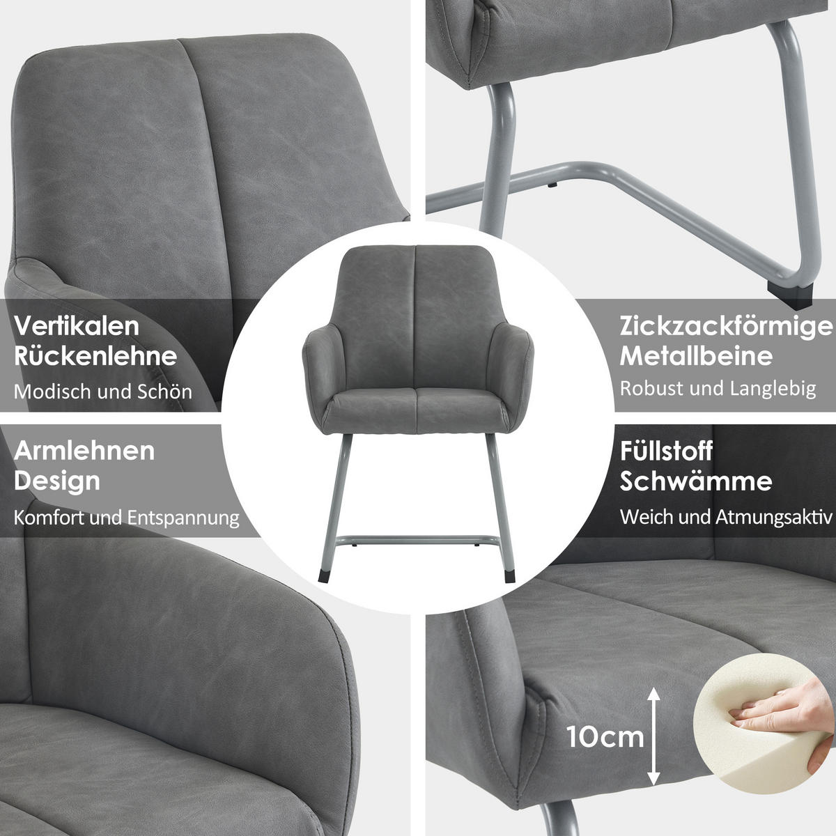 ESSZIMMERSTUHL 2er Grau modern Stahlfüße Freizeitstuhl - Grau, Leder (58.5/87/56cm) - FLIEKS