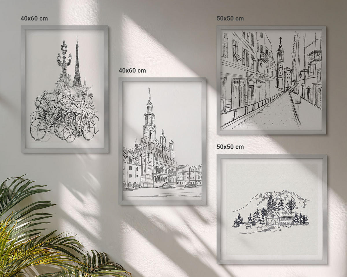 WANDBILDER 4er Set - 50x50 cm & 40x60 cm Silberner Rahmen - Einfache Zeichnungen von Stadtansichten - Silberfarben, Kunststoff (50/50cm) - ArtPrintCave