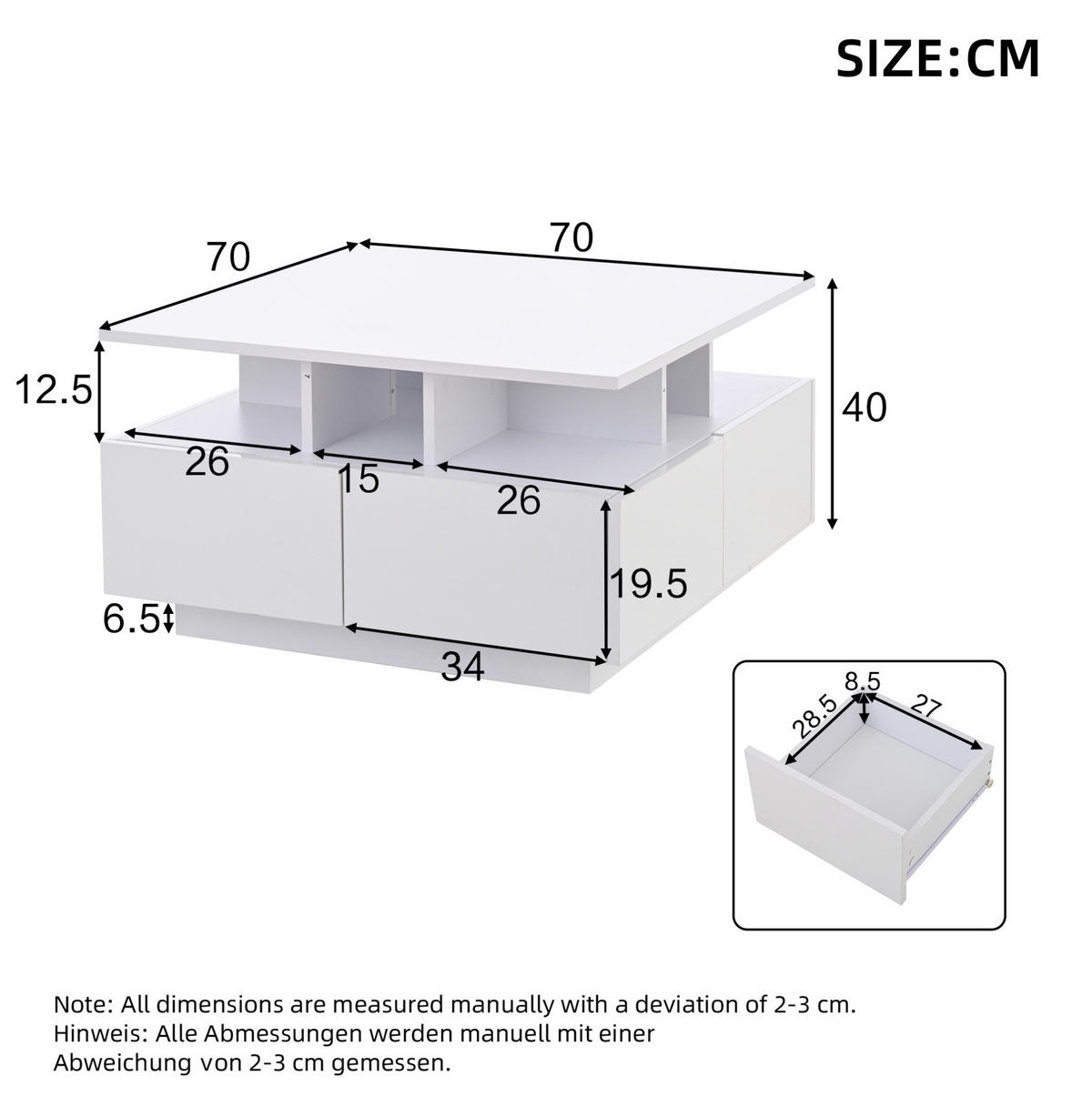 COUCHTISCH mit 4 Schubladen 70 x 70 cm Hochglanz Weiß mit LED - Weiß, Holzwerkstoff (70/70/40cm) - Meubliv
