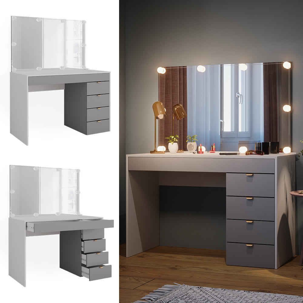 SCHMINKTISCH Elise Weiß/Grau/Grau 115 cm mit LED Beleuchtung - Weiß/Grau, Holzwerkstoff (115/76/55cm) - Vicco