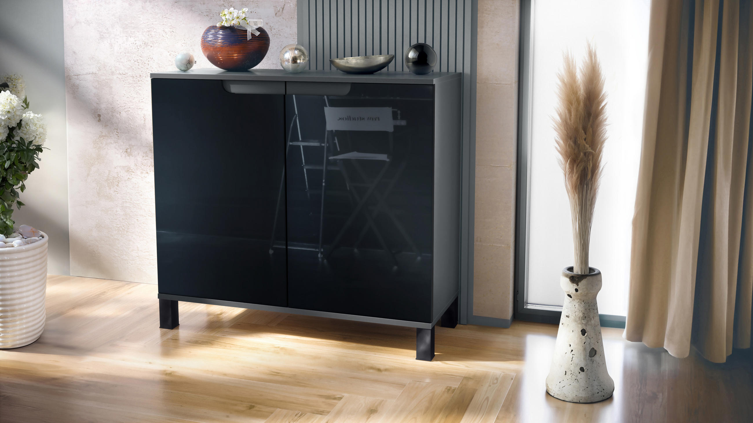 KOMMODE Sylt Schwarz Hochglanz - Schwarz Hochglanz, Holzwerkstoff (92.5/84.5/35cm) - Vladon