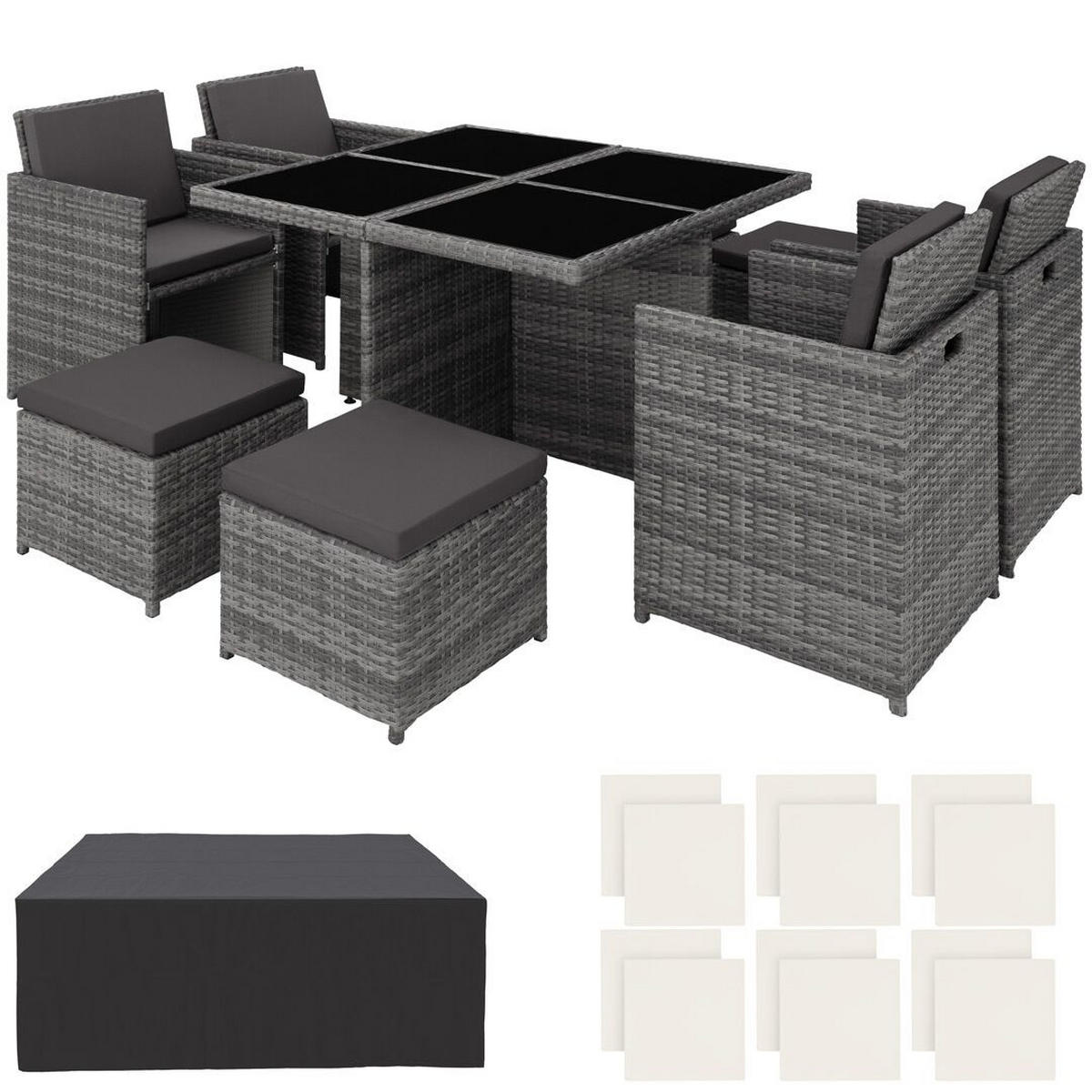 RATTAN SITZGRUPPE Manhattan,2 Bezugssets, zusammenschiebbar, inklusive Schutzhülle,grau - Grau, Kunststoff - tectake