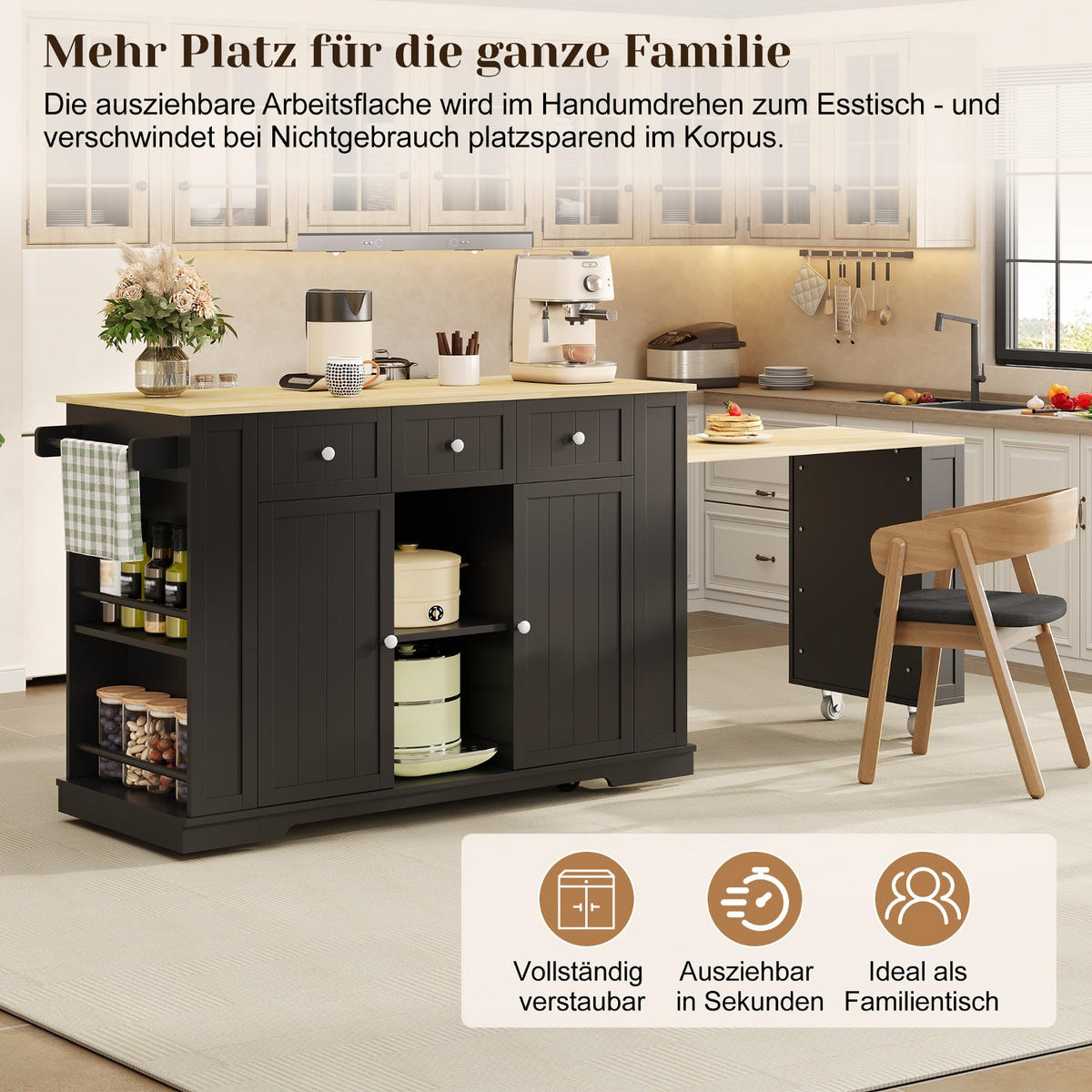 KÜCHENINSEL 138/55/93 cm Schwarz mit 3 Schubladen, ausziehbarem Esstisch und 7 Rädern - Schwarz, Holz/Holzwerkstoff (55/93/138cm) - Oxeza
