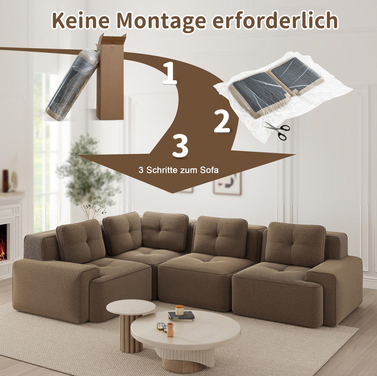 ECKSOFA 295/206/69 cm braun aus Cord mit modularem Design und rutschfestem Standfuß - Braun, Textil (104/382cm) - OKWISH