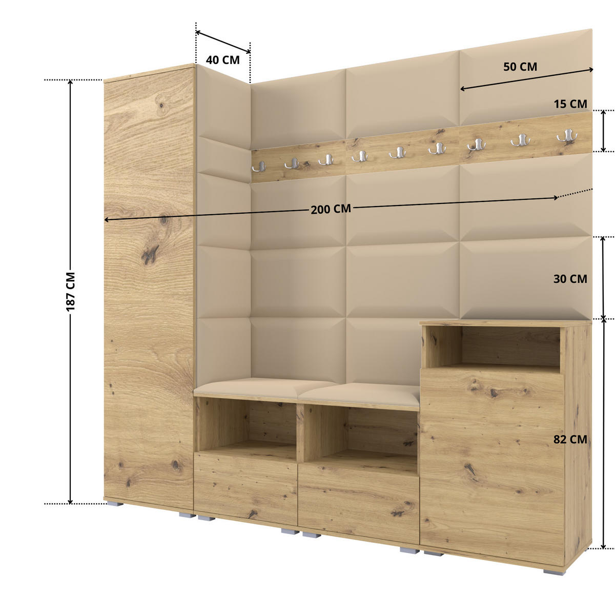 GARDEROBE NELA X 200 cm (Modulare Flurmöbel Artisan Eiche mit Sitzpolster Beige 04 Schrank + Sidelboard) - Beige/Silberfarben, Holz/Holzwerkstoff (200/187/40cm) - Ravio