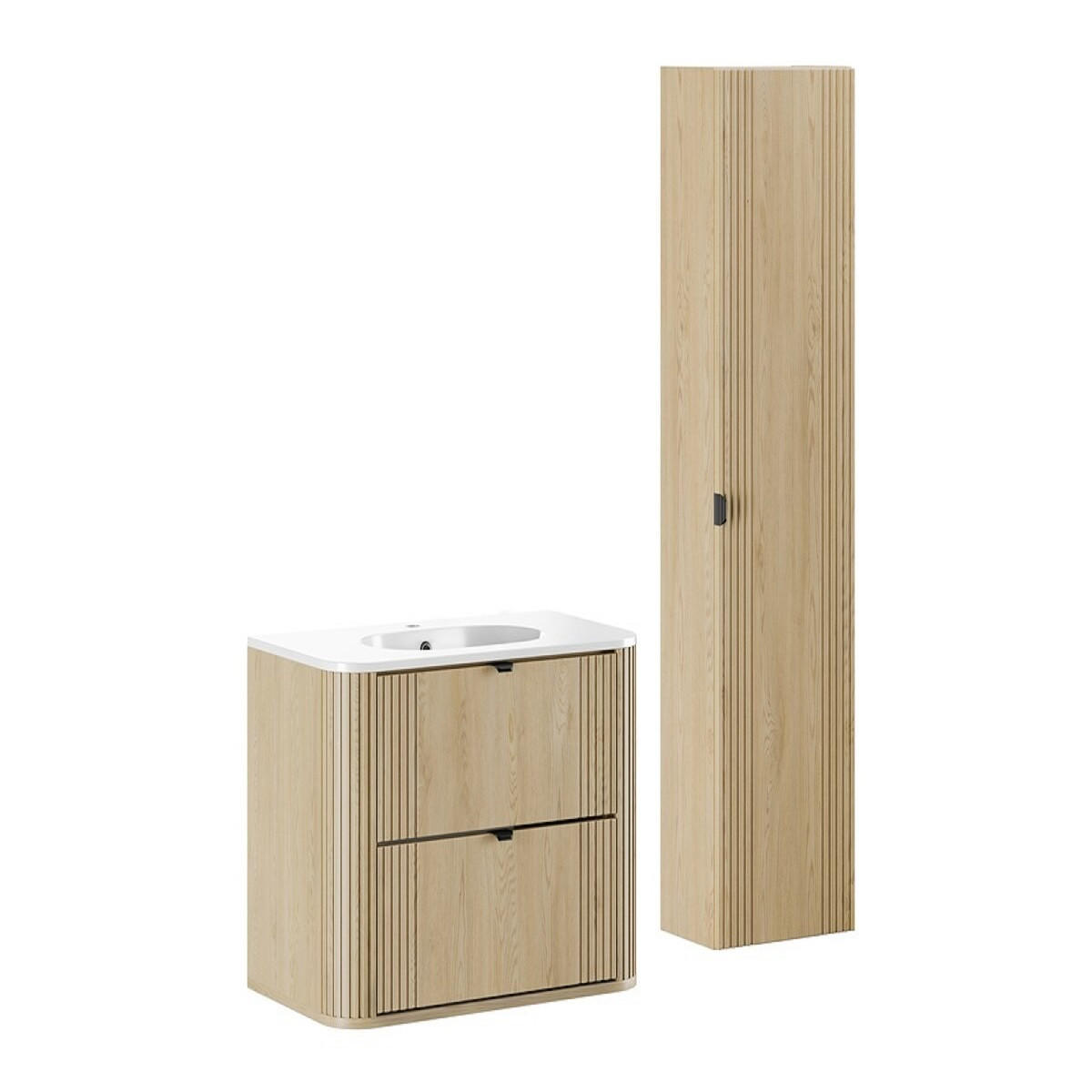 BADMÖBEL-SET 3 Teile 80 cm - Ovalia Cremona O BM404 in Cremona-Eiche - Eichefarben/Weiß Hochglanz, Holz/Keramik (80/140/46cm)