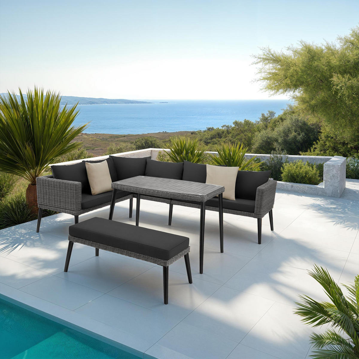 RATTANLOUNGE Pula,mit Sicherheitsglasplatte,grau - Grau, Kunststoff/Metall - tectake