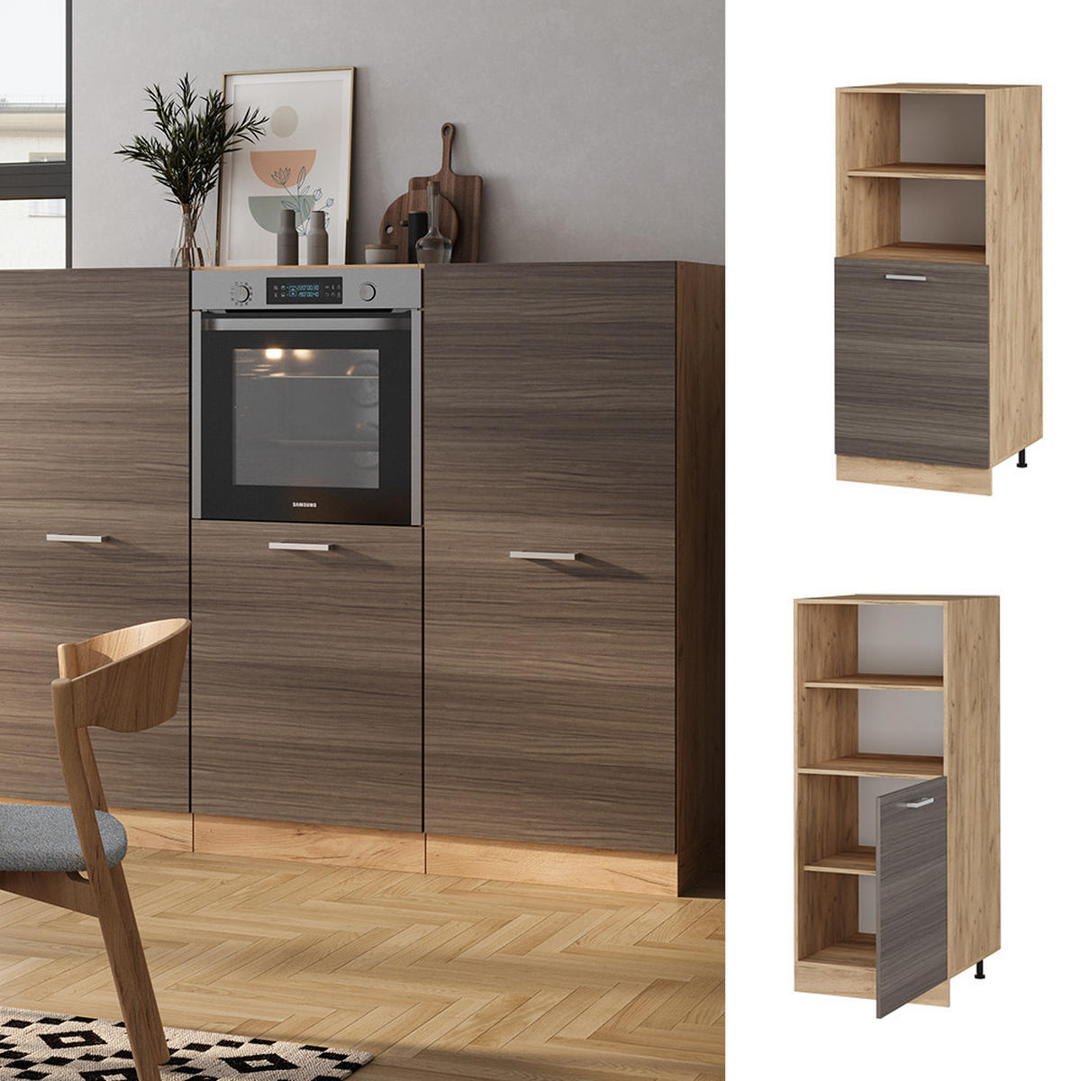 SKŘÍŇKA NA VESTAVĚNOU TROUBU R-Line Ušlechtilá šedá - šedá/medově dubová, kompozitní dřevo (60/143/57cm) - Vicco