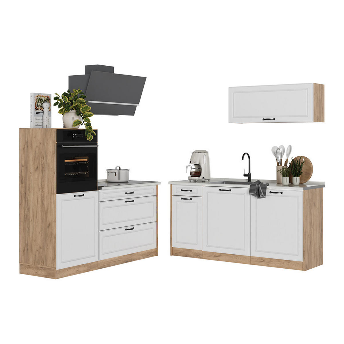 KUCHYNKA R-Line, Biely vidiecky dom/Dub Goldkraft, 160 cm antrasiitti työtaso - biela/dub medový, kompozitné drevo (160/143/60cm) - Vicco