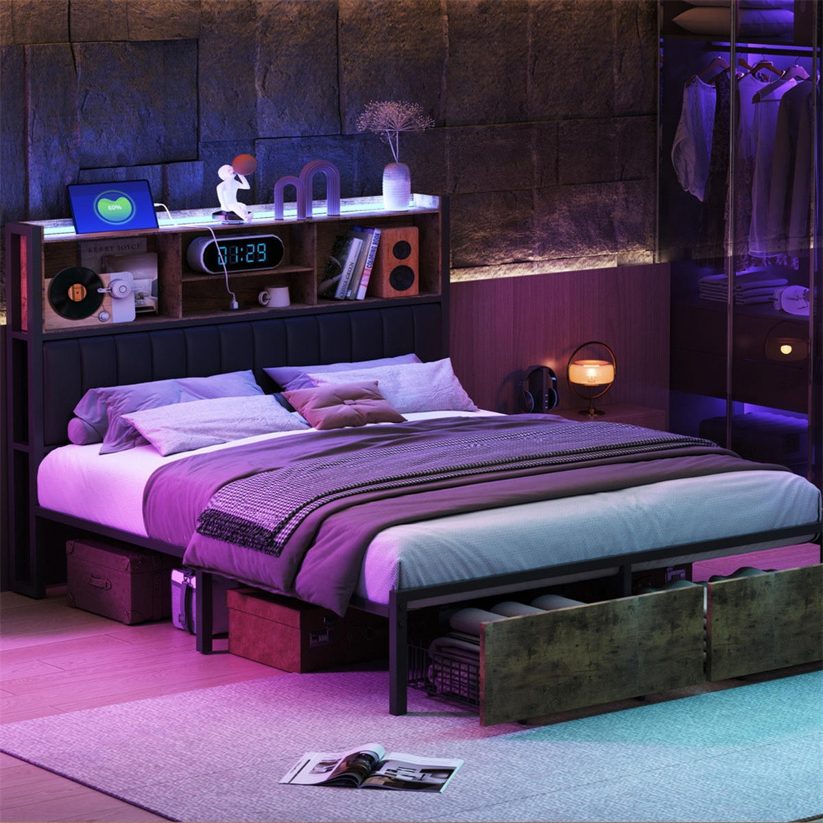 METALLBETT 140 x 200 cm mit 2 Schubladen - Kopfteil-Ablage mit LED-Beleuchtung und USB-Anschlüsse - Braun-Schwarz - Braun, Metall (140/200cm) - DELFA
