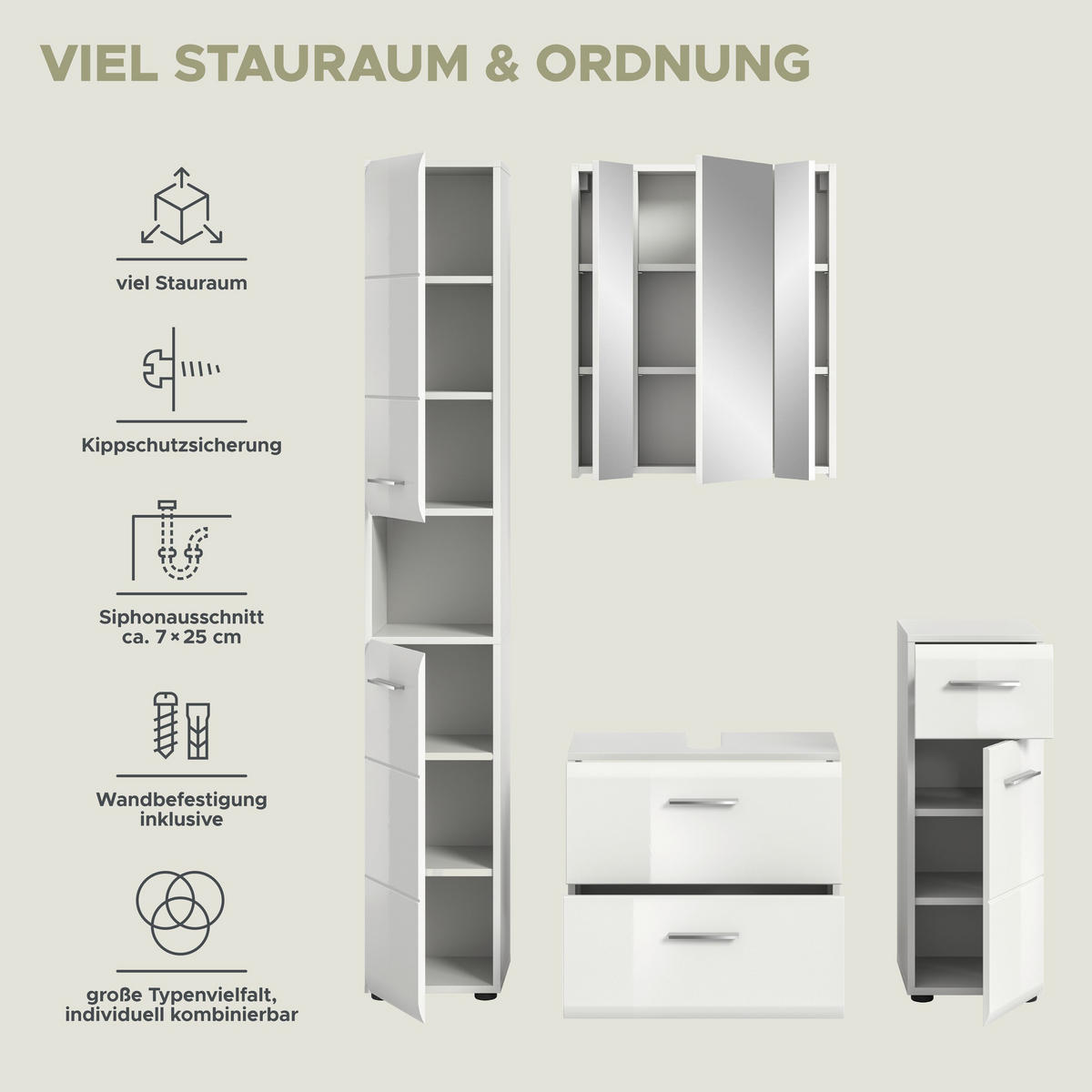 BADEZIMMER 4 tlg. Alba Bad in weiß und weiß hochglanz B/H/T: 150x185x30 cm - Weiß, Holz (150/185/30cm)