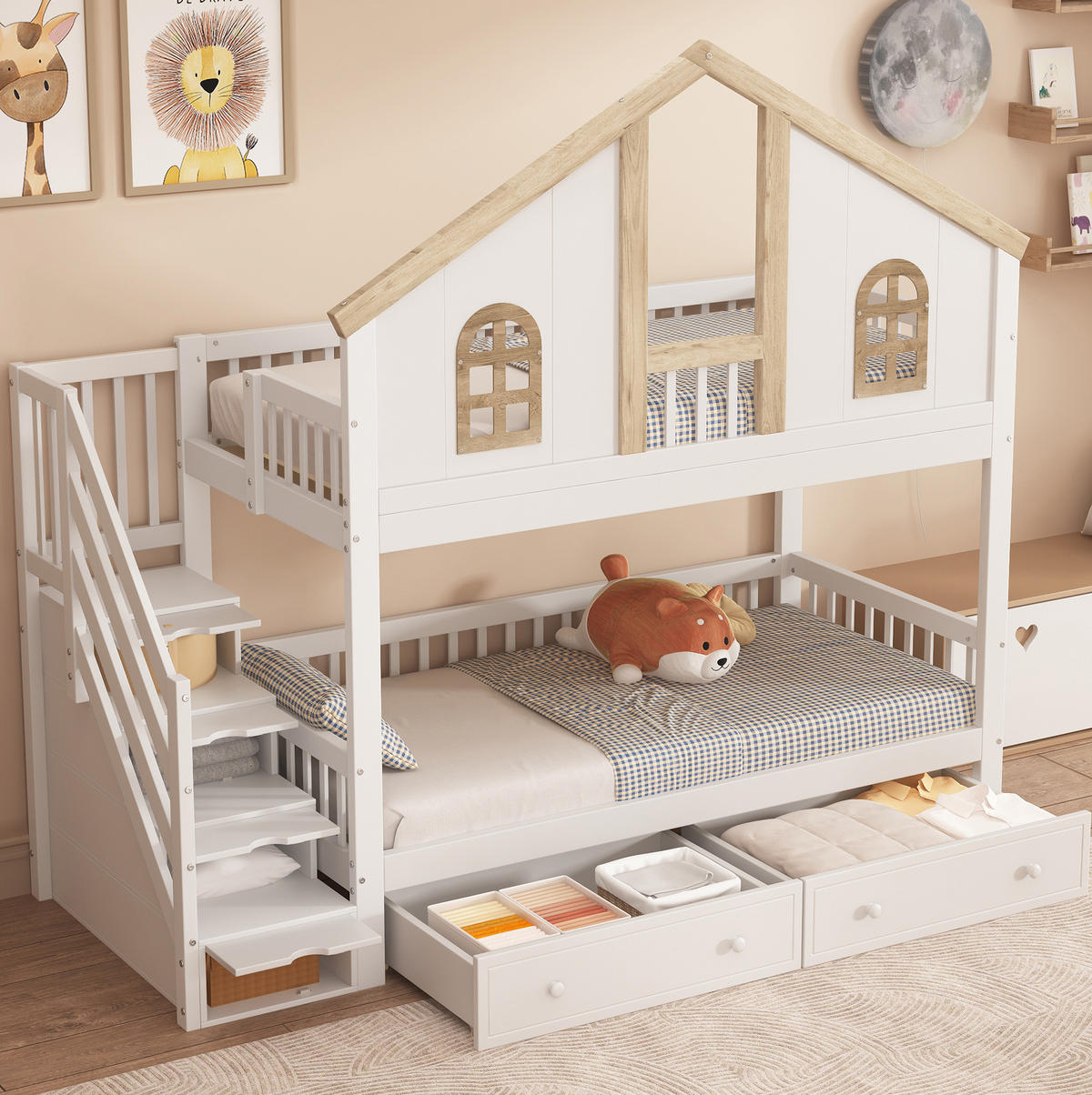 ETAGENBETT 90/200 cm in Weiß/Natur mit Fenster, Stauraumtreppe und Schubladen - Weiß, Holzwerkstoff (90/200cm) - OKMYHOME