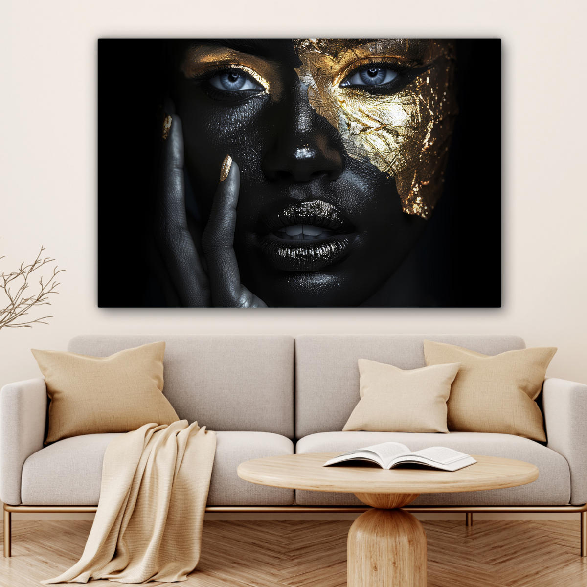 LEINWANDBILD Frau - Gold - Porträt - Schwarz-Weiß - Luxus Groß 140x90 cm - Hellblau, Textil (140/90cm) - MuchoWow