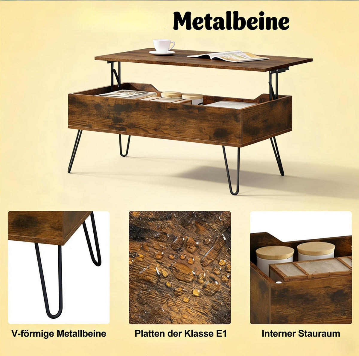 COUCHTISCH 95/50 cm höhenverstellbar mit Stauraum in Rustikal Braun - Braun, Holzwerkstoff (95/50/55.5cm) - Flora Grace