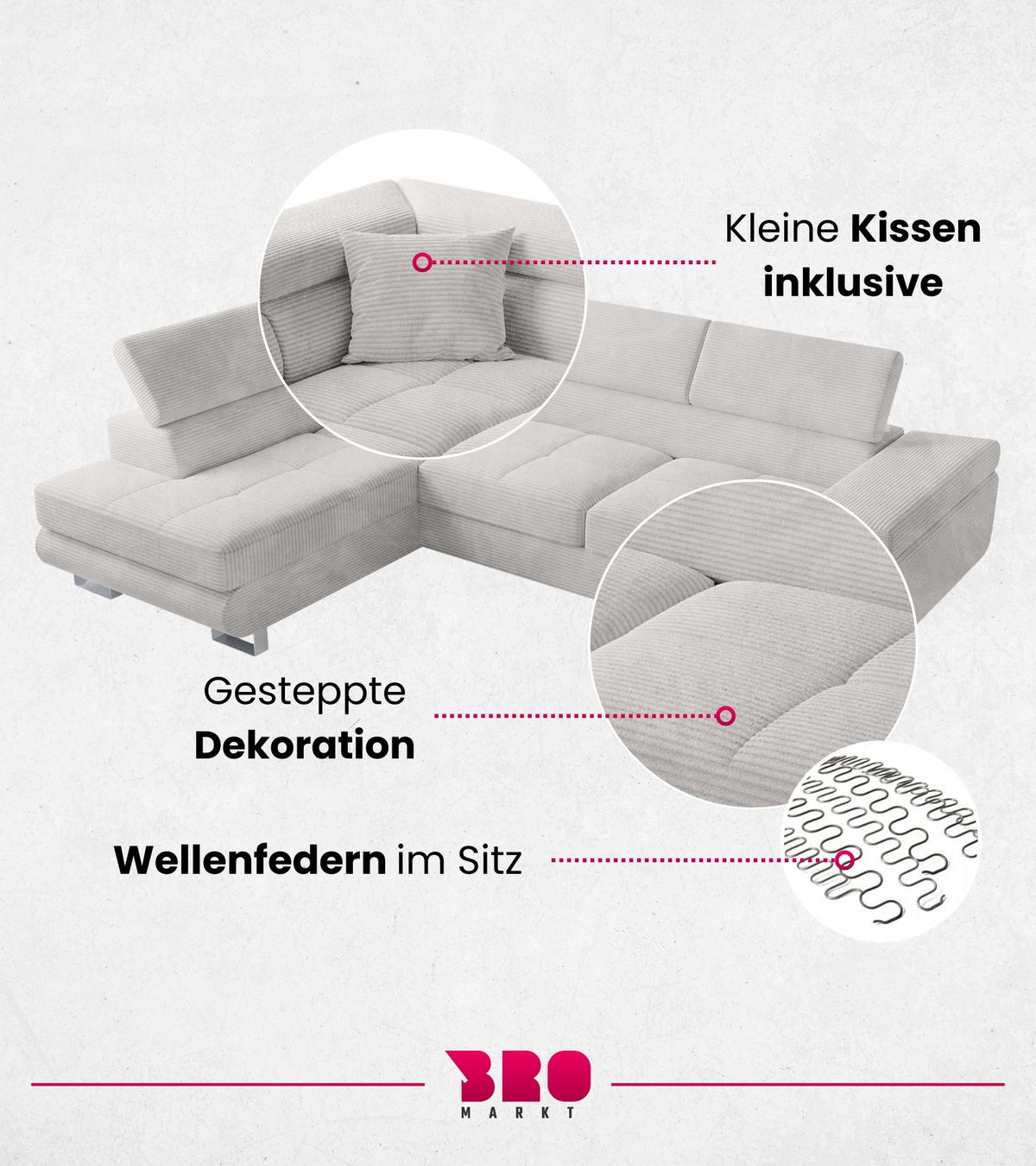 ECKSOFA Anton mit Schlaffunktion Weiß Cord - Silberfarben/Weiß, Textil/Metall (142/275cm) - Bromarkt