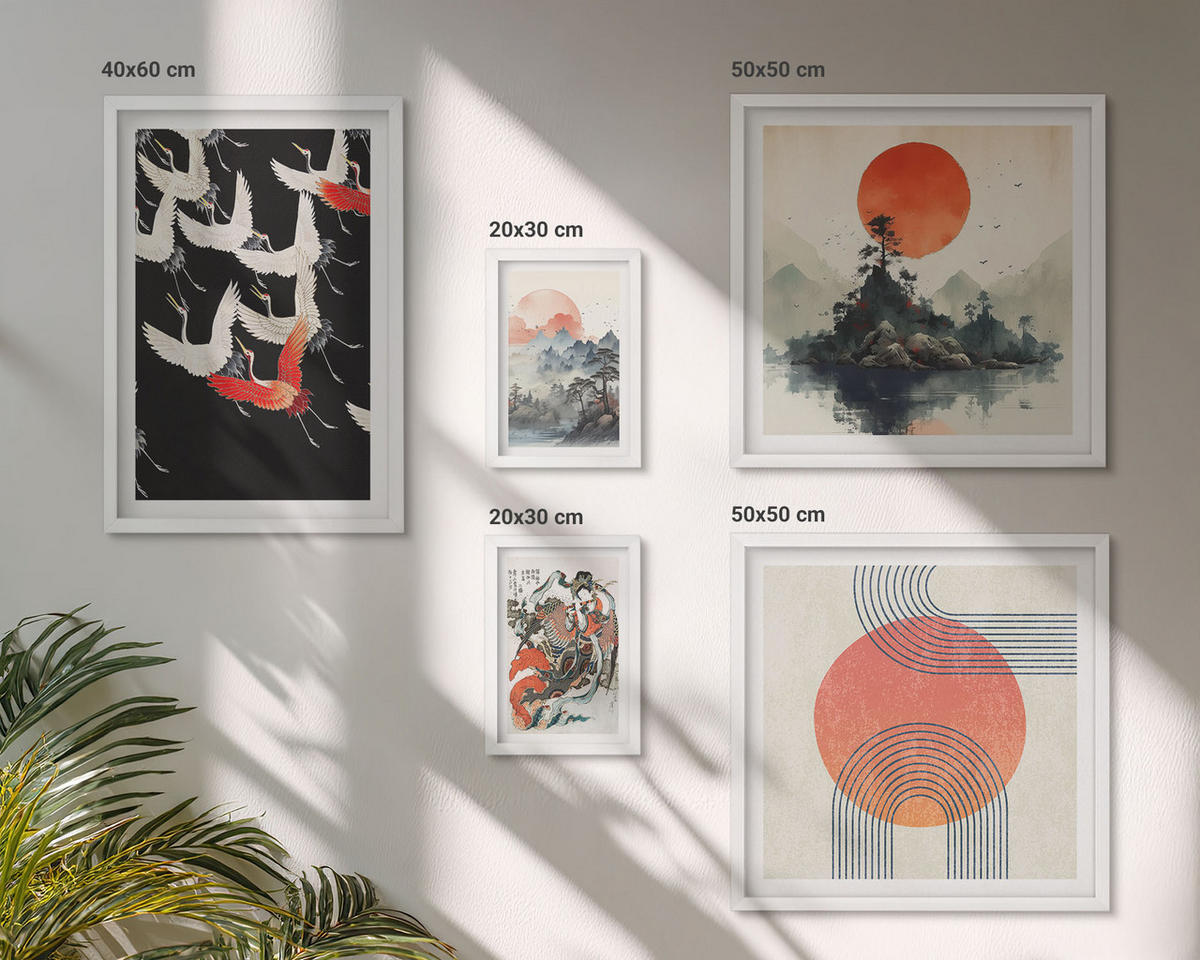 WANDBILDER 5er-Set - 50x50 cm & 20x30 cm & 40x60 cm Weißer Rahmen - Asiatische Landschaften Japandi - Weiß, Kunststoff (40/60cm) - ArtPrintCave