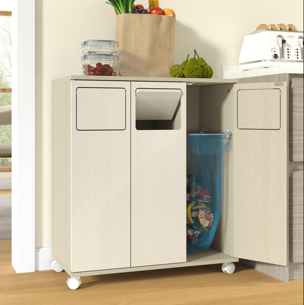 KOMMODE 69,3/35/80 cm aus MDF mit 3 Fächern und Rollen Weiß - Weiß, Holzwerkstoff (70/80/35cm) - Modenvie