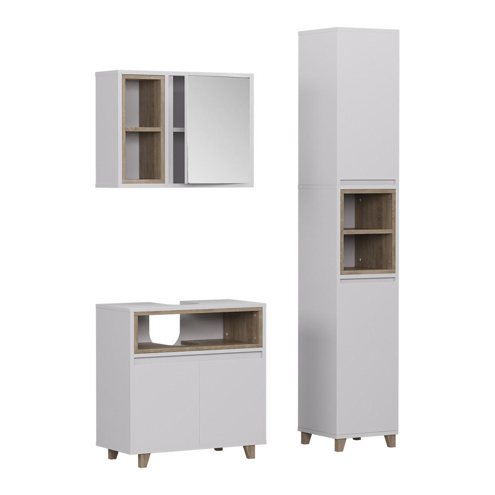 BADRUMSMÖBELSET Elnor Vit/ek 3 delar med högskåp Vit, Ekfärgad 61/60/30 cm