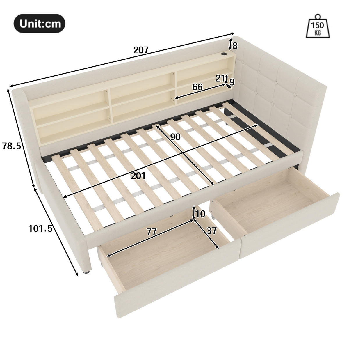 POLSTERBETT 90/200 cm Beige aus Leinen mit 2 Schubladen - Beige, Textil (90/200cm) - OKMYHOME