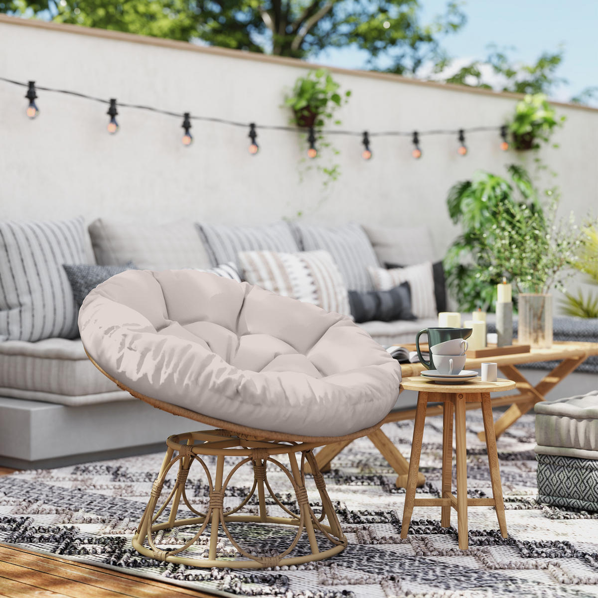 KORBSESSEL mit Sitzkissen aus Rattan - Hellgrau, Metall (78/76/90cm) - Outsunny