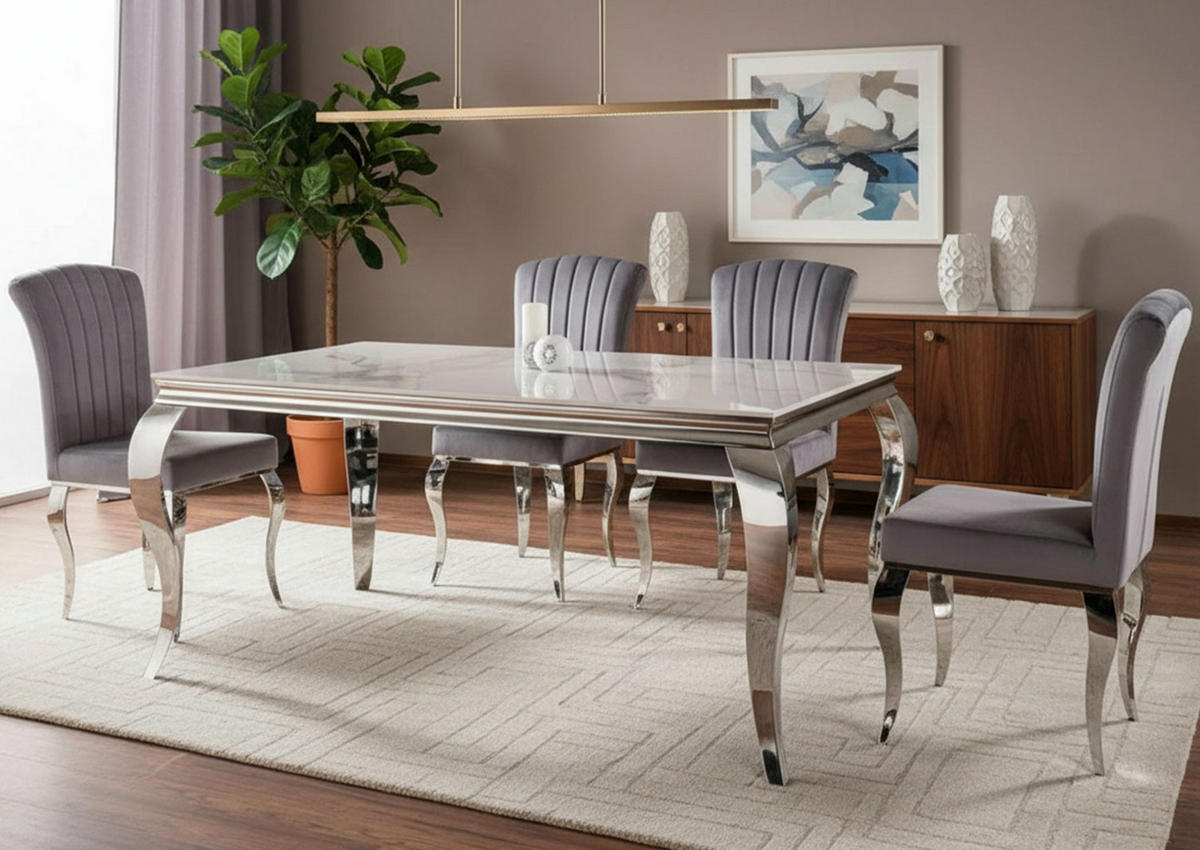 ESSTISCH Prince Weiß Marmor / Chrom 180 / 90 / 75cm - Silberfarben/Weiß, Holz/Keramik (90/180/75cm) - Feldmann-Wohnen