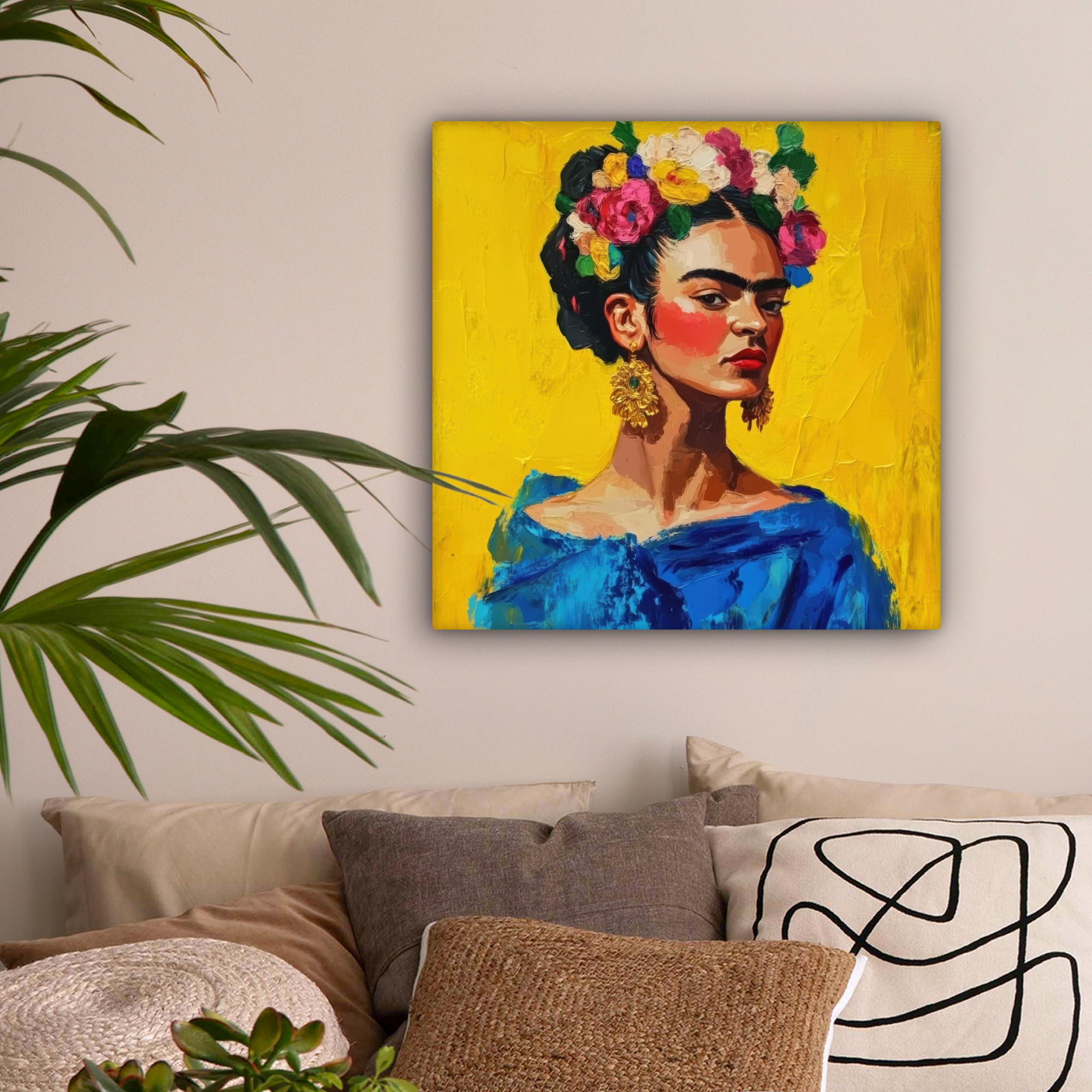 LEINWANDBILD Frida Kahlo - Frau - Gelb - Blau - Blumen 50x50 cm - Gelb, Textil (50/50cm) - MuchoWow