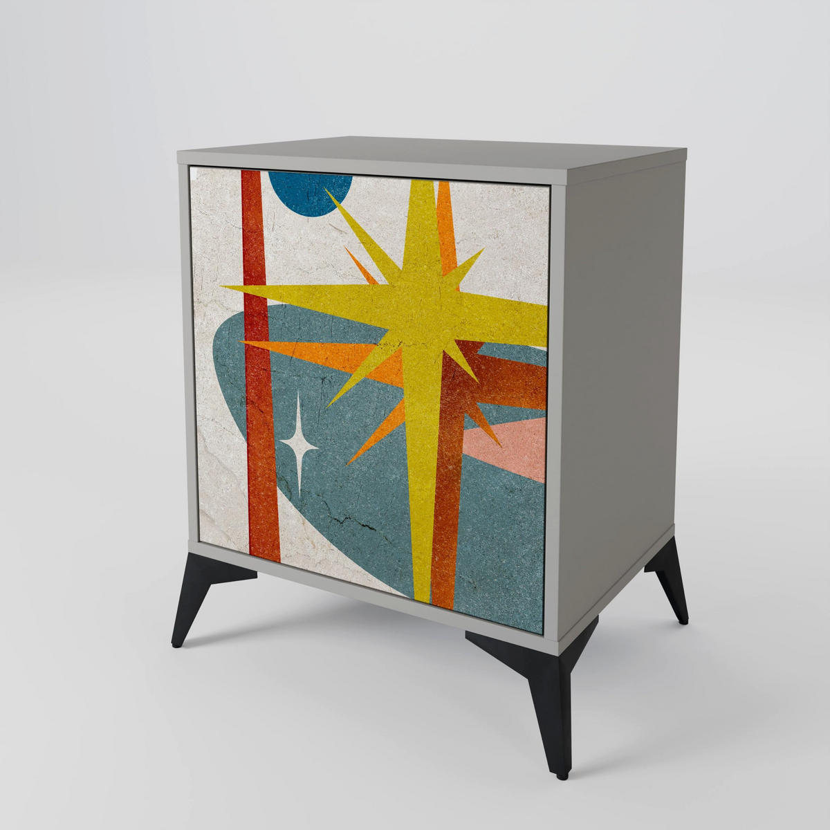 SIDEBOARD INTERSTELLAR VIBES, Grau, 57,5x42x72,5 cm, Schwarze Metallfüße - Multicolor/Schwarz, Holzwerkstoff/Metall (57.5/72.5/42cm) - SpaceRebels