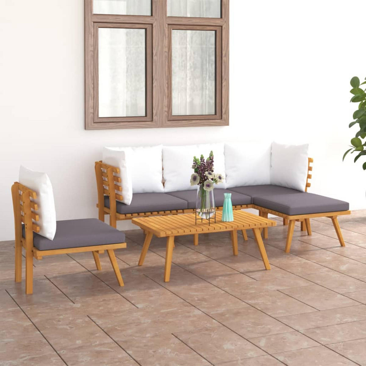 GARTEN-LOUNGE-SET 6-teilig Mit Kissen Massivholz Akazie - Dunkelgrau/Braun, Holz/Textil - vidaXL