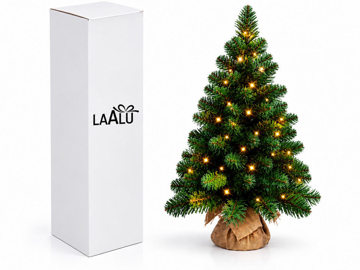 WEIHNACHTSBAUM künstlicher NARNIE 75 cm, grün, 2D, 90 Zweige, 40 warmweiße LED, inkl. Pflanztopf mit Jutesack - Grün, Kunststoff/Stein (48/75cm) - LAALU