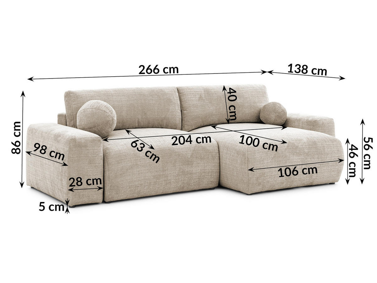 ECKSOFA Puffy mit Schlaffunktion und Bettkasten - besonders weich und puffig aus Dunkelbeige Chenille-Stoff - Ottomane rechts - Beige/Schwarz, Holz/Kunststoff (266/138cm) - S-Style Möbel