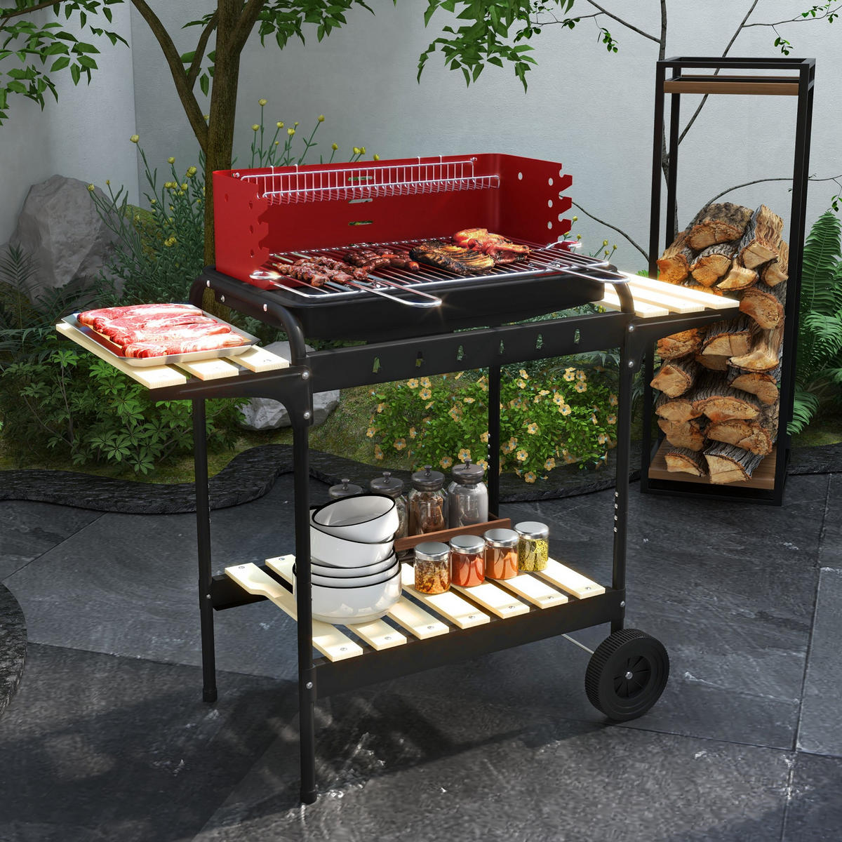 HOLZKOHLEGRILL Rot 103.0/47.0/95.0 cm - Rot, Metall (47/95/103cm)