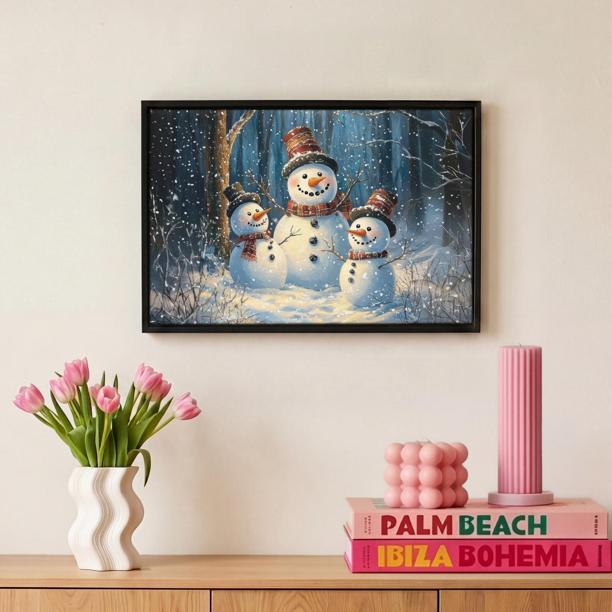 LEINWAND Bilder mit Rahmen - Schneemann - Schnee - Winter - Wald - 30x20 - Hellblau, Textil (30/20cm) - MuchoWow