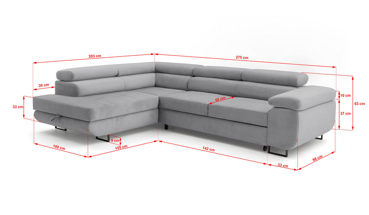 ECKSOFA Velmo mit Bettkasten und Schlaffunktion, verstellbaren Kopfstützen, in L-Form - Hellgrau, Textil (275/203cm)