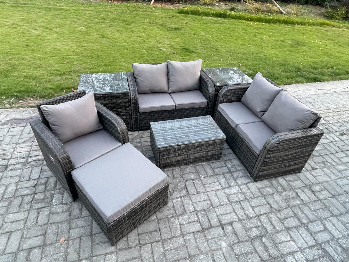 LOUNGESOFA-SET Polyrattan Dunkelgrau 6-Sitzer - Dunkelgrau, Metall - Fimous